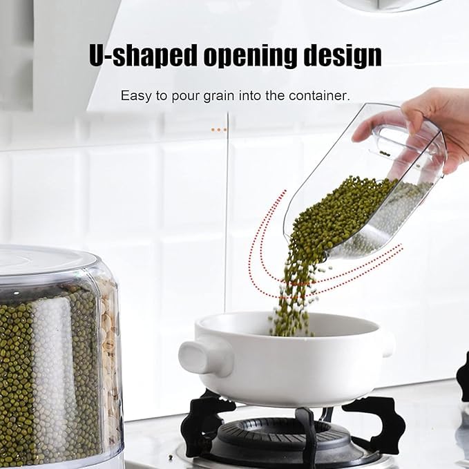 360° Rotating 6-Grain Rice Dispenser Storage Container, Cereal & Dry Food Organizer with Push Button Dispensing, Large Capacity Kitchen Storage Bin for Beans, Rice, Nuts & Pet Food