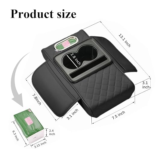 5-in-1 Car Armrest Cushion with Cup Holder, Tissue Box Slot, Phone Slot & Side Pockets