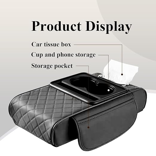 5-in-1 Car Armrest Cushion with Cup Holder, Tissue Box Slot, Phone Slot & Side Pockets