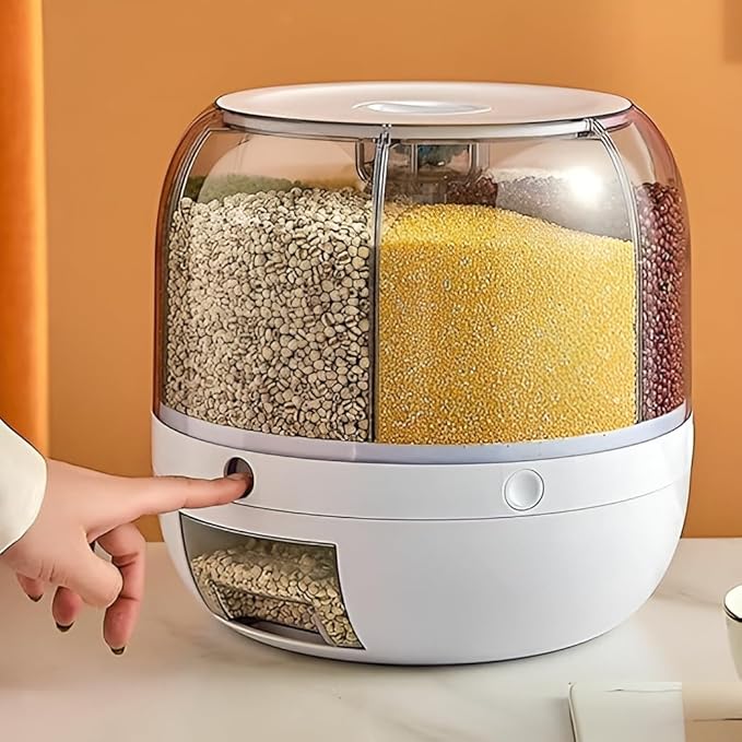 360° Rotating 6-Grain Rice Dispenser Storage Container, Cereal & Dry Food Organizer with Push Button Dispensing, Large Capacity Kitchen Storage Bin for Beans, Rice, Nuts & Pet Food