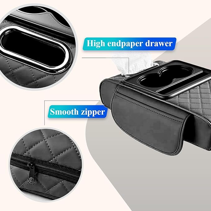 5-in-1 Car Armrest Cushion with Cup Holder, Tissue Box Slot, Phone Slot & Side Pockets