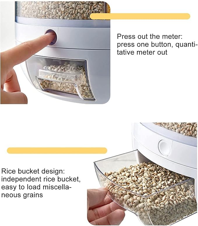 360° Rotating 6-Grain Rice Dispenser Storage Container, Cereal & Dry Food Organizer with Push Button Dispensing, Large Capacity Kitchen Storage Bin for Beans, Rice, Nuts & Pet Food