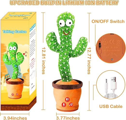 Talking Dancing Cactus Toy for Kids – Singing & Recording Plush Cactus with Repeat Function, LED Lights & Music | Funny Educational Toy for Babies & Toddlers | USB Rechargeable (Multicolor) (Style 5)