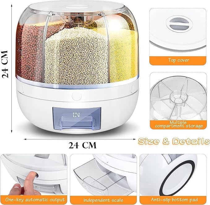 360° Rotating 6-Grain Rice Dispenser Storage Container, Cereal & Dry Food Organizer with Push Button Dispensing, Large Capacity Kitchen Storage Bin for Beans, Rice, Nuts & Pet Food