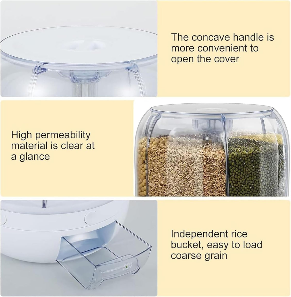 360° Rotating 6-Grain Rice Dispenser Storage Container, Cereal & Dry Food Organizer with Push Button Dispensing, Large Capacity Kitchen Storage Bin for Beans, Rice, Nuts & Pet Food