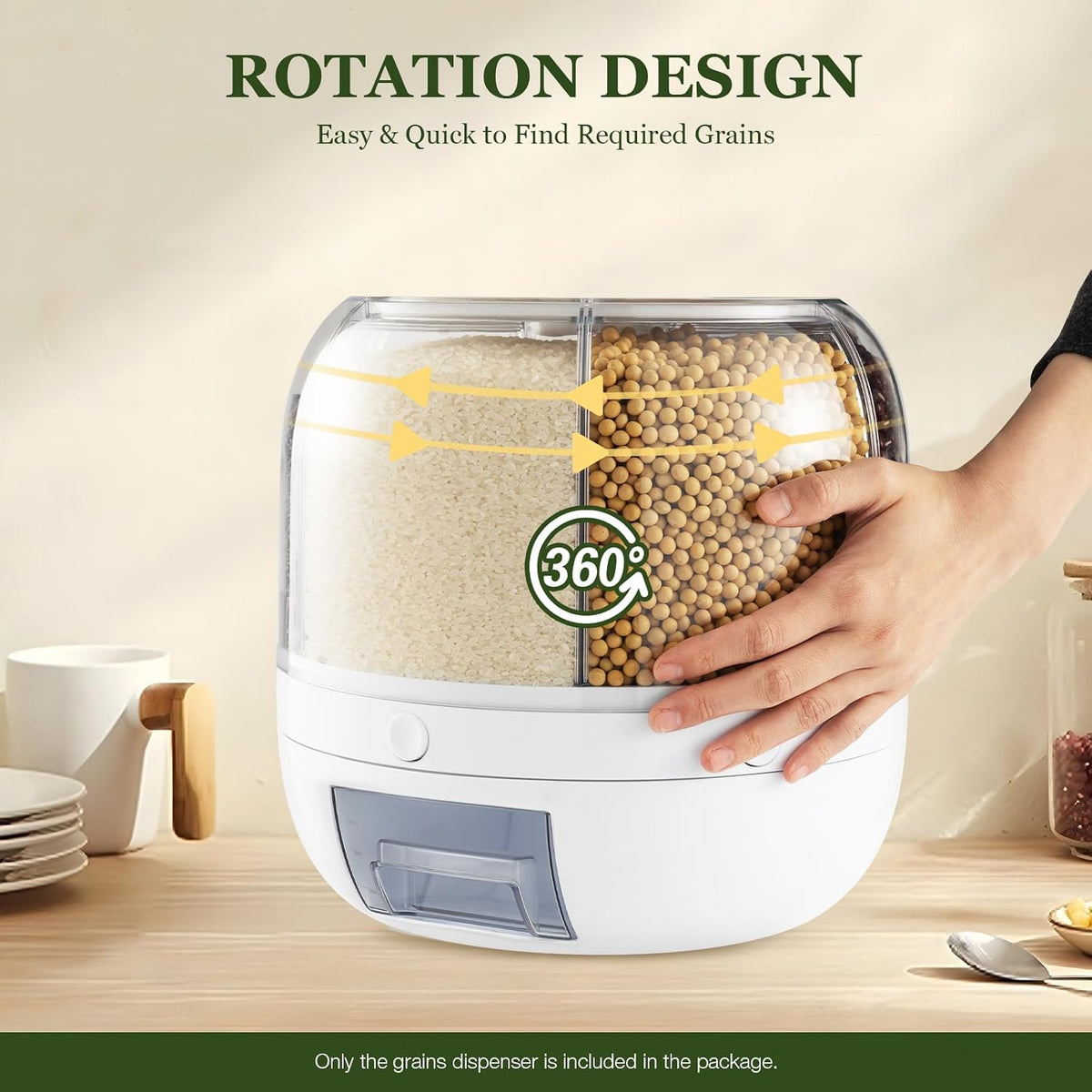 360° Rotating 6-Grain Rice Dispenser Storage Container, Cereal & Dry Food Organizer with Push Button Dispensing, Large Capacity Kitchen Storage Bin for Beans, Rice, Nuts & Pet Food