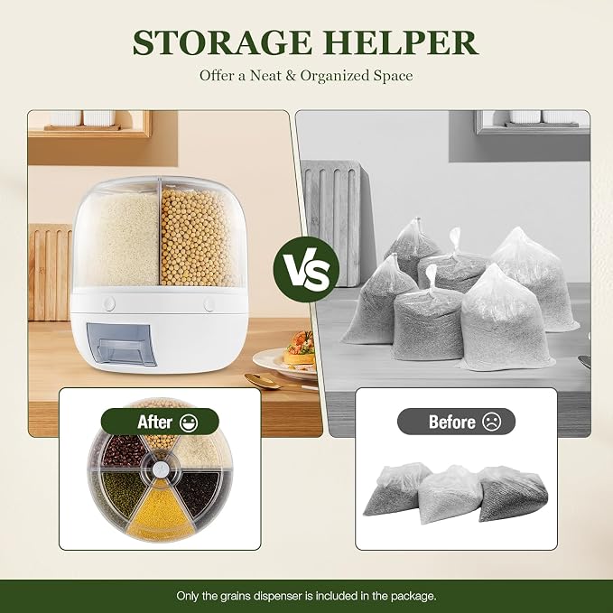 360° Rotating 6-Grain Rice Dispenser Storage Container, Cereal & Dry Food Organizer with Push Button Dispensing, Large Capacity Kitchen Storage Bin for Beans, Rice, Nuts & Pet Food