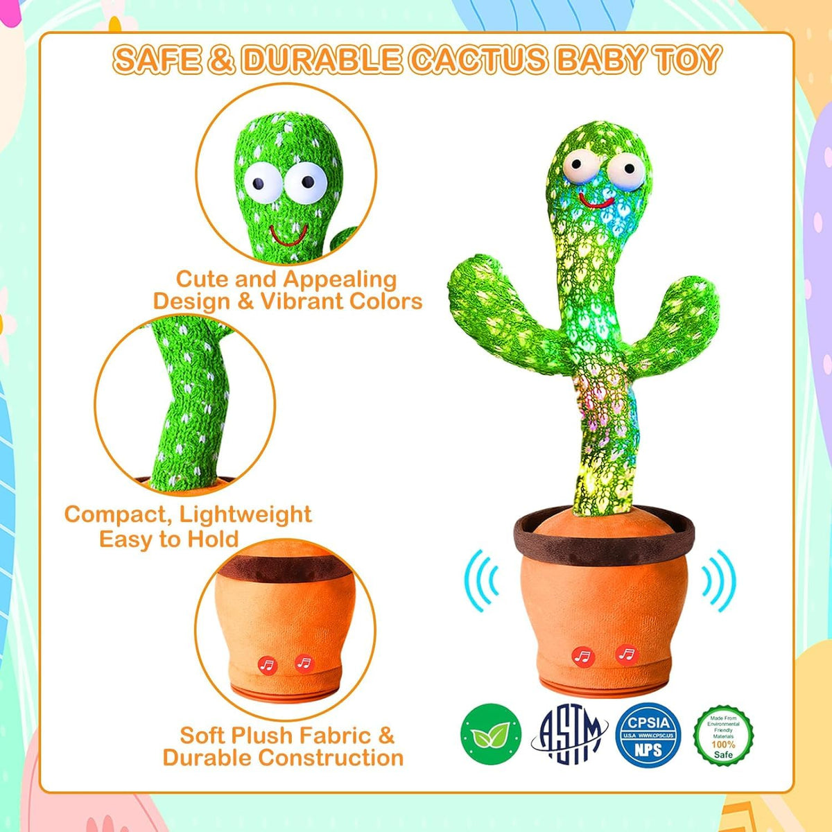 Talking Dancing Cactus Toy for Kids – Singing & Recording Plush Cactus with Repeat Function, LED Lights & Music | Funny Educational Toy for Babies & Toddlers | USB Rechargeable (Multicolor) (Style 5)