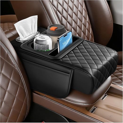 5-in-1 Car Armrest Cushion with Cup Holder, Tissue Box Slot, Phone Slot & Side Pockets
