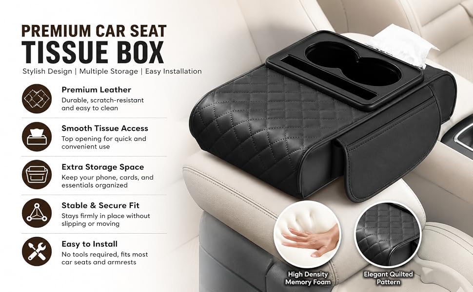 5-in-1 Car Armrest Cushion with Cup Holder, Tissue Box Slot, Phone Slot & Side Pockets