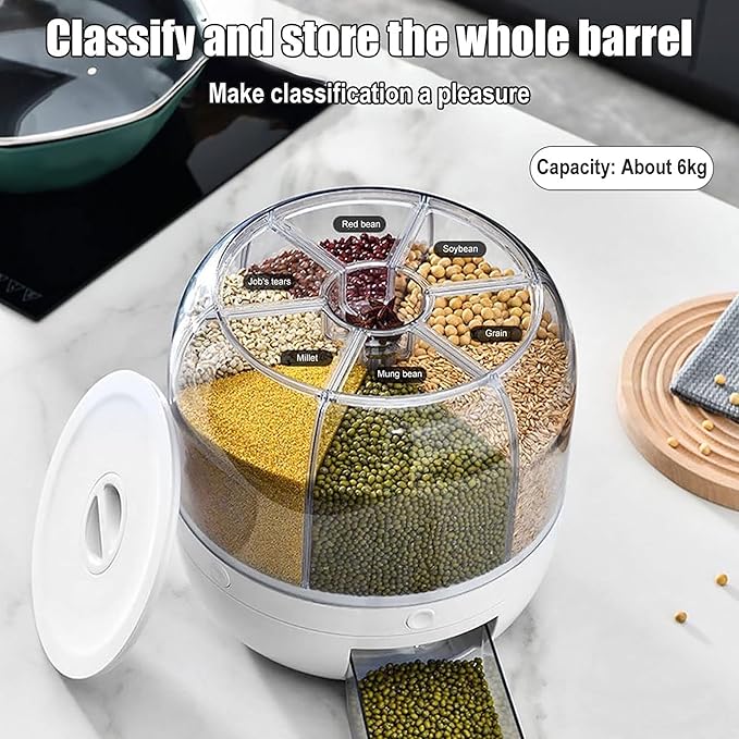 360° Rotating 6-Grain Rice Dispenser Storage Container, Cereal & Dry Food Organizer with Push Button Dispensing, Large Capacity Kitchen Storage Bin for Beans, Rice, Nuts & Pet Food