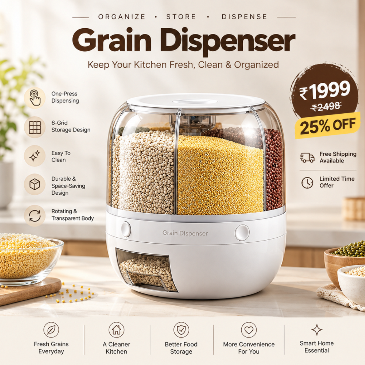 360° Rotating 6-Grain Rice Dispenser Storage Container, Cereal & Dry Food Organizer with Push Button Dispensing, Large Capacity Kitchen Storage Bin for Beans, Rice, Nuts & Pet Food