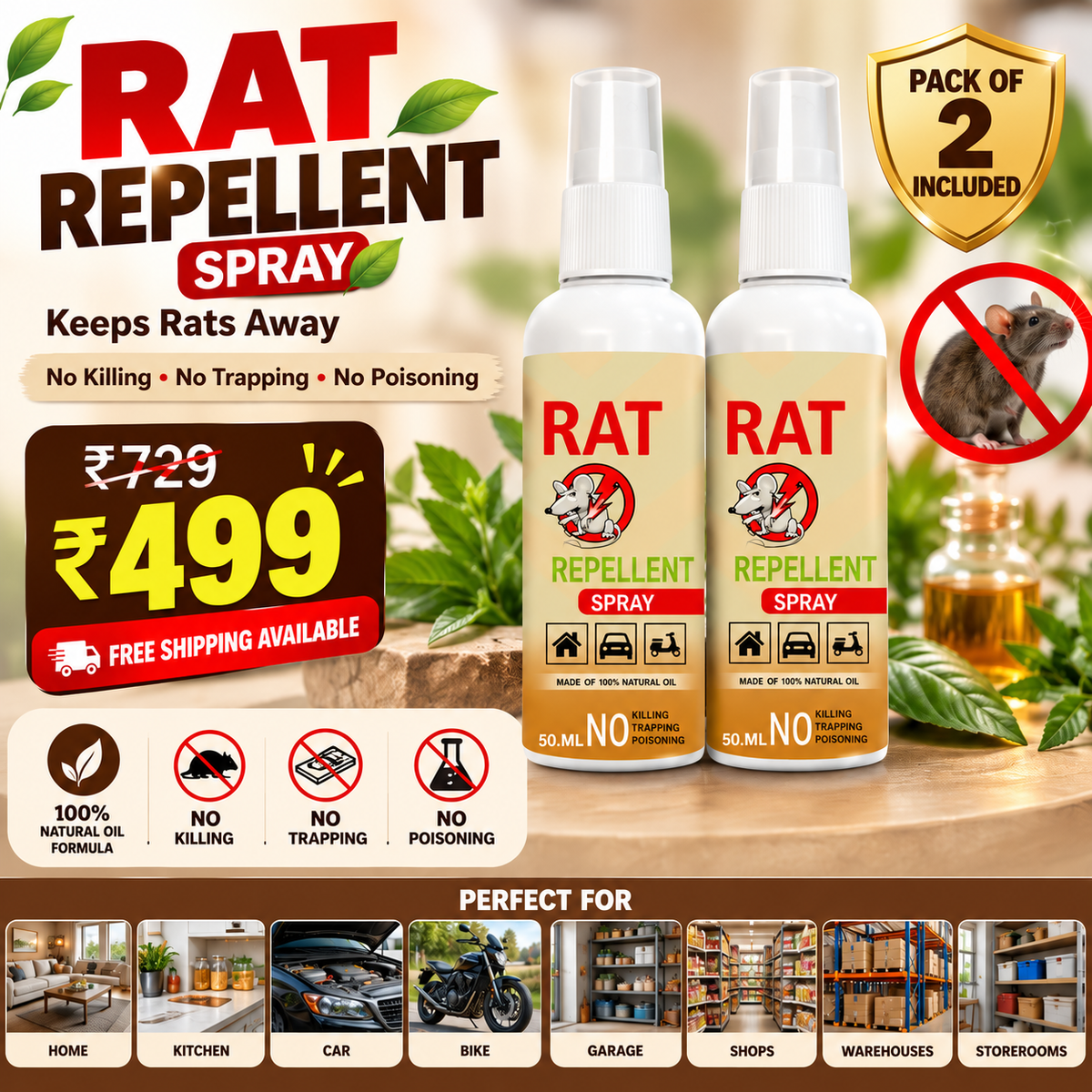 Rat Repellent Spray  for Home, Kitchen, Car & Bike Engine, Warehouse (Pack Of 2)