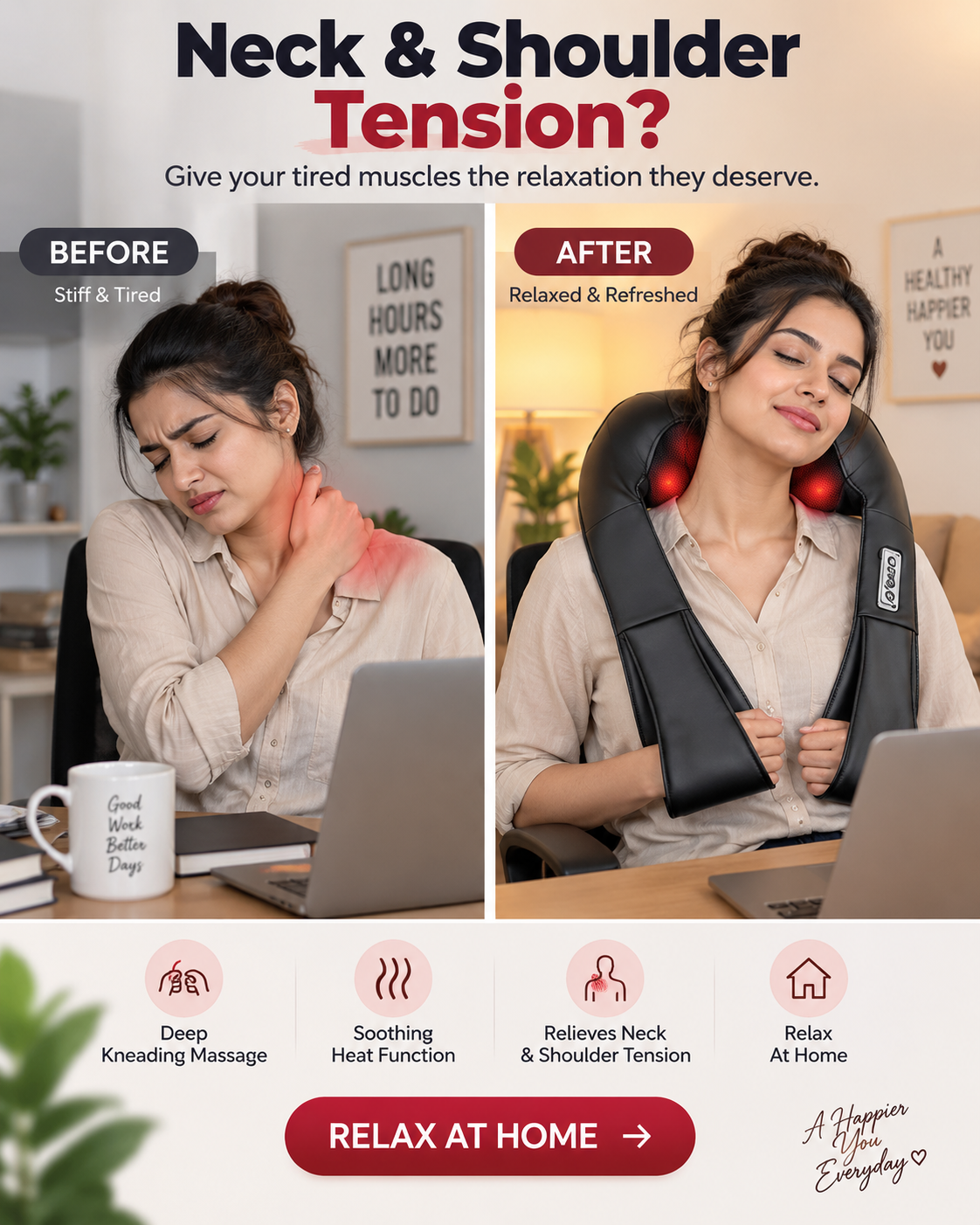 Wireless Portable Shiatsu Massage Machine, Electric Deep Tissue 4D Kneading Massage for Pain Relief and Muscle Relax
