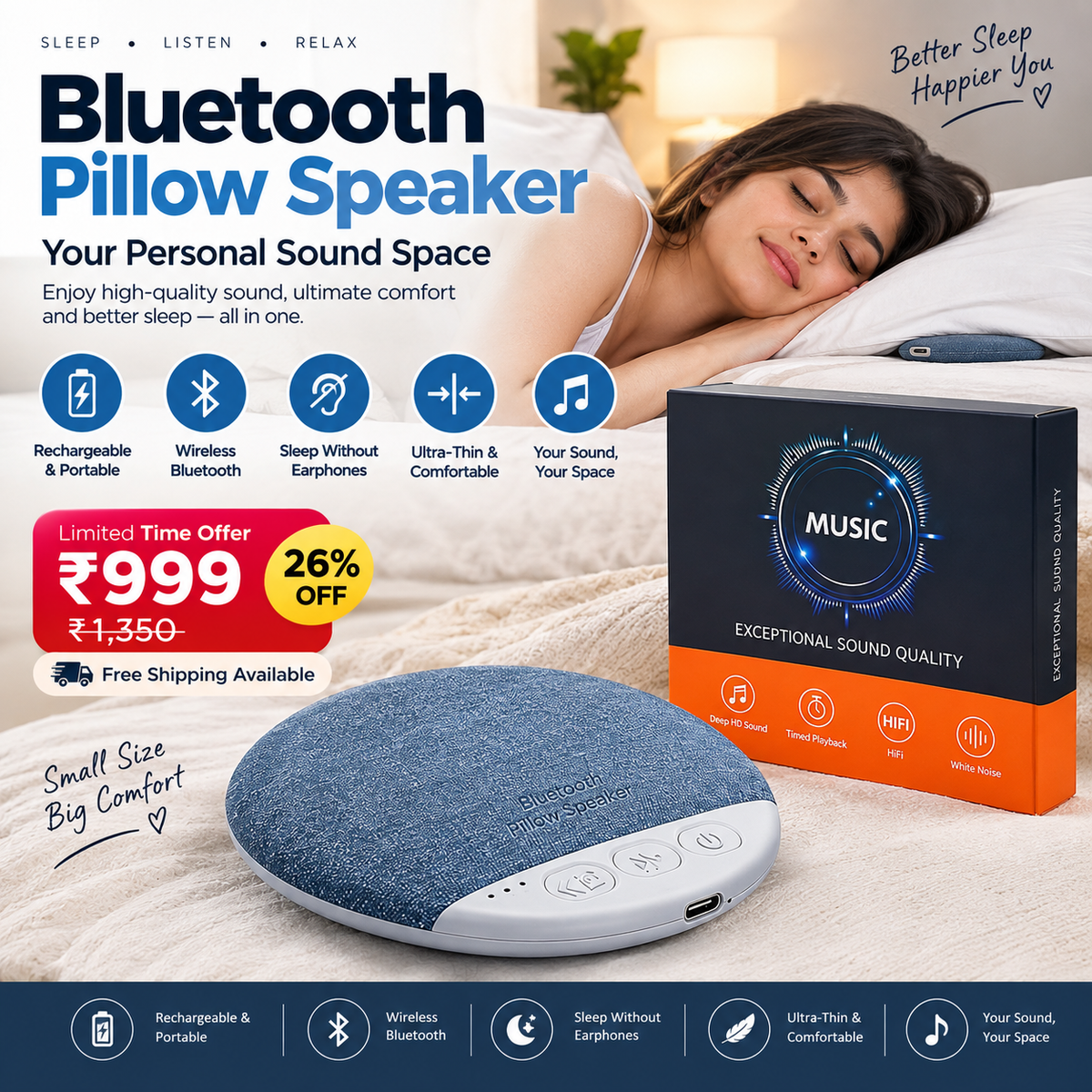 Bluetooth Cushion Speaker Under Cushion | Bluetooth Pillows Speakers for Sleeping, Under Pillow Speaker, Portable Pillow Speakers for deep Sleepers