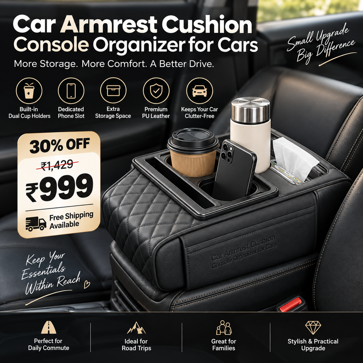5-in-1 Car Armrest Cushion with Cup Holder, Tissue Box Slot, Phone Slot & Side Pockets