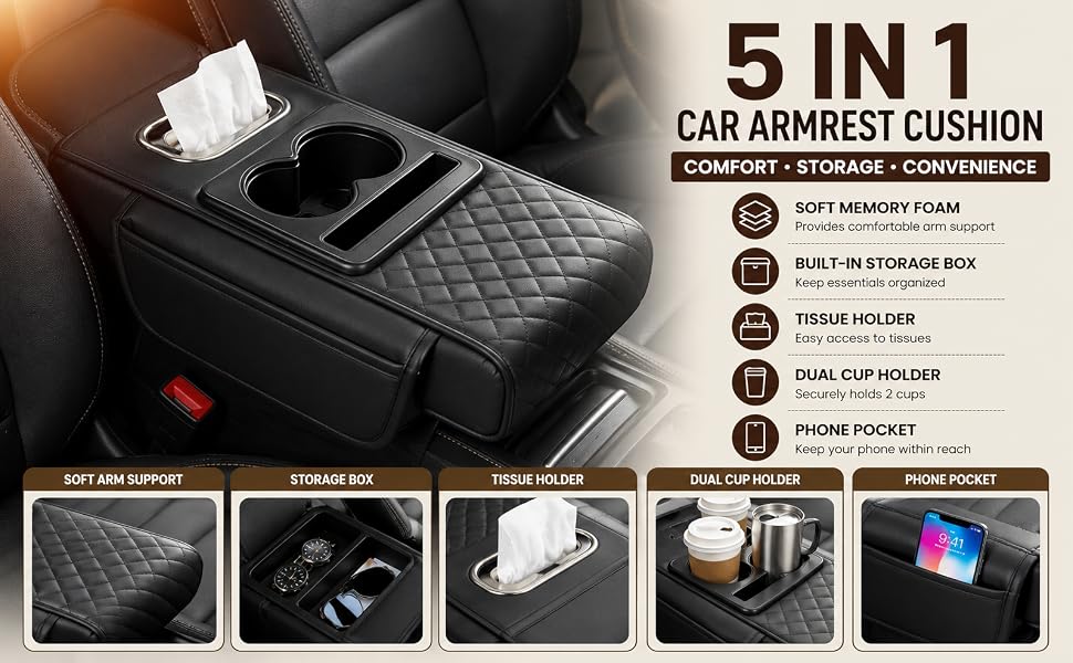 5-in-1 Car Armrest Cushion with Cup Holder, Tissue Box Slot, Phone Slot & Side Pockets