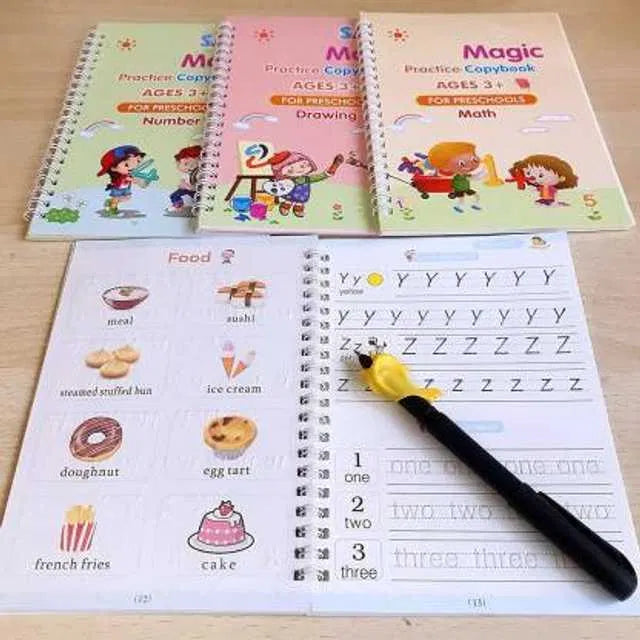 Magic Practice Copybook, (4 BOOK +1 PEN + 10 REFILL) Number Tracing Book for Preschoolers with Pen, Magic calligraphy books for kids Reusable Writing Tool