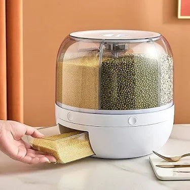 360° Rotating 6-Grain Rice Dispenser Storage Container, Cereal & Dry Food Organizer with Push Button Dispensing, Large Capacity Kitchen Storage Bin for Beans, Rice, Nuts & Pet Food
